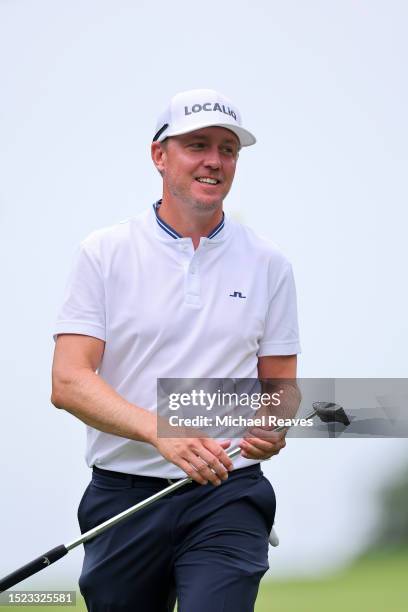 Jonas Blixt of Sweden reacts to his putt on the fifth green during the second round of the John Deere Classic at TPC Deere Run on July 07, 2023 in...