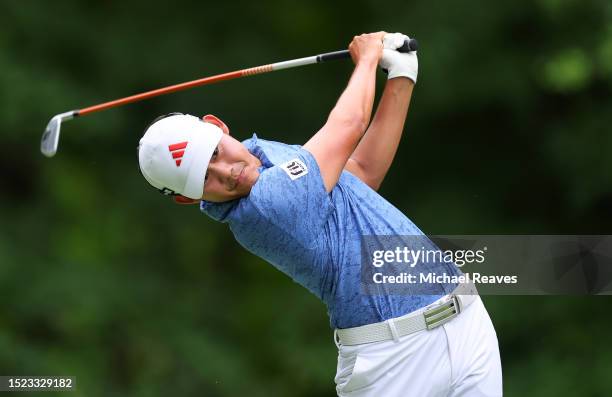 Kaito Onishi of Japan plays his shot from the sixth tee during the second round of the John Deere Classic at TPC Deere Run on July 07, 2023 in...