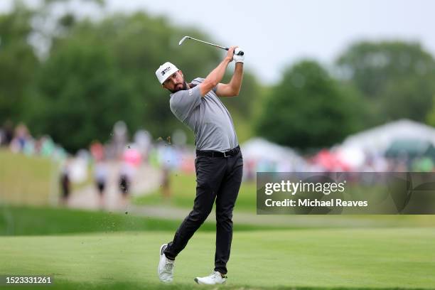 Mark Hubbard of the United States plays his shot on the ninth hole during the second round of the John Deere Classic at TPC Deere Run on July 07,...