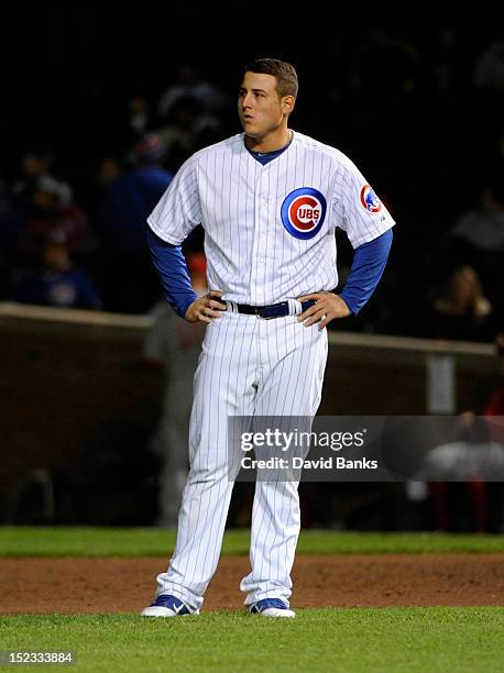 Anthony Rizzo of the Chicago Cubs after making an out with tow runners on base in the eighth inning against the Cincinnati Reds on September 18, 2012...