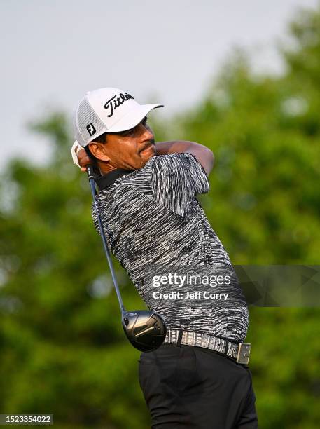 Fabian Gomez of Argentina hits his first shot on the first hole during the first round of the Memorial Health Championship presented by LRS at...