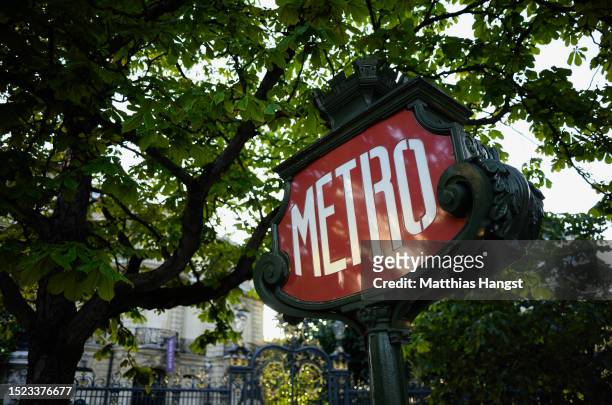 Metro sign seen near Champs-Elysees on July 07, 2023 in Paris, France. Paris will host the Summer Olympics from July 26 till August 11, 2024.