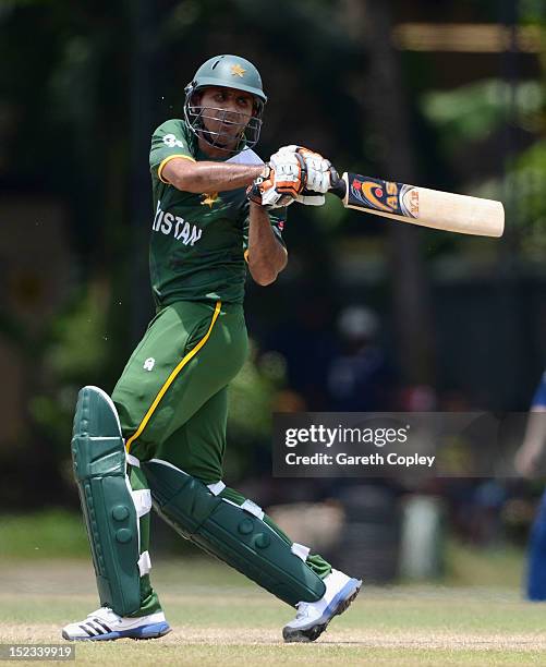 Abdul Razzaq of Pakistan bats during the ICC T20 World Cup Warm Up Match between England and Pakistan at P Sara Oval on September 19, 2012 in...