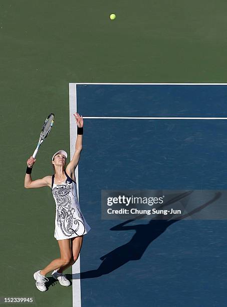 Galina Voskoboeva of Kazakhstan serves to Kaia Kanepi of Estonia during day two of the KDB Korea Open at Olympic Park Tennis Stadium on September 19,...