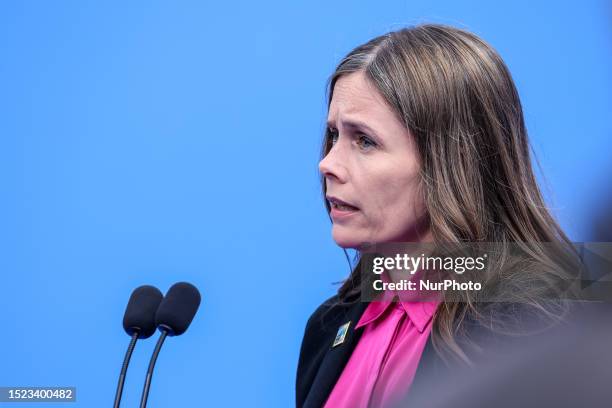 Prime Minister of Iceland, Katrin Jakobsdottir talks to the media as he arrives at the first session of the high level NATO summit in Litexpo...