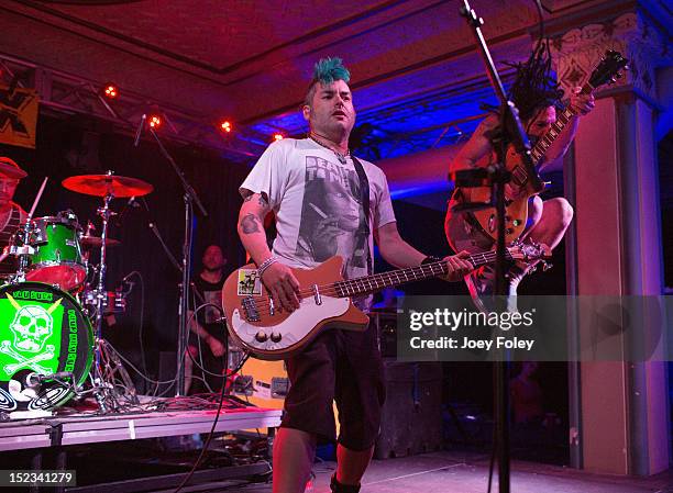 Erik Sandin, Fat Mike, and Eric Melvin of NOFX performs onstage at Old National Centre on September 18, 2012 in Indianapolis, Indiana.