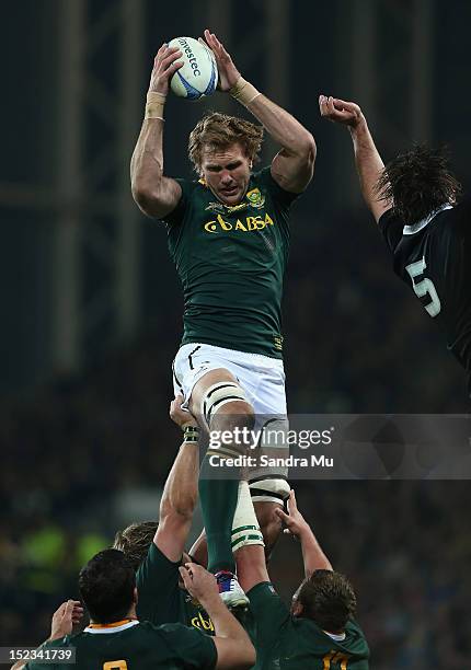 Andries Bekker of South Africa in action during the Rugby Championship match between the New Zealand All Blacks and South Africa at Forsyth Barr...