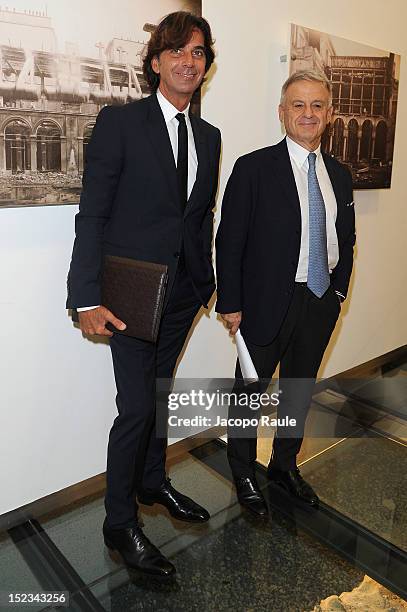 President and CEO of Gucci Patrizio di Marco and Italian Minister of the Environment Corrado Clini attend the presentation of the voluntary agreement...