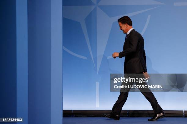 Netherlands' Prime Minister Mark Rutte gestures during the NATO summit, in Vilnius on July 11, 2023. NATO leaders will grapple with Ukraine's...