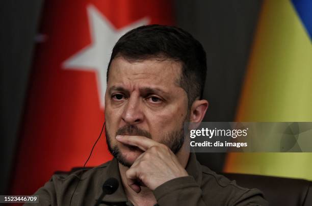 Volodymyr Zelensky speaks to the media during a joint press conference Turkish President Recep Tayyip Erdogan at the Vahdettin Mansion on July 8,...