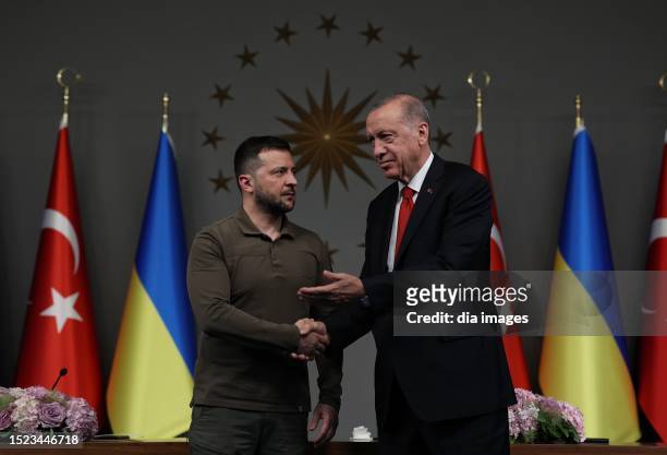 Turkish President Recep Tayyip Erdogan and Ukrainian President Volodymyr Zelensky attend a joint press conference at the Vahdettin Mansion on July 8,...