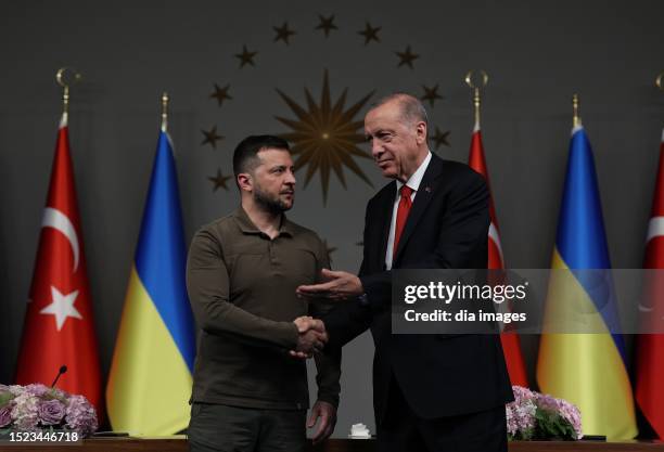 Turkish President Recep Tayyip Erdogan and Ukrainian President Volodymyr Zelensky attend a joint press conference at the Vahdettin Mansion on July 8,...