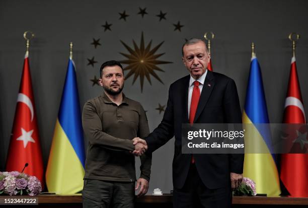 Turkish President Recep Tayyip Erdogan and Ukrainian President Volodymyr Zelensky attend a joint press conference at the Vahdettin Mansion on July 8,...