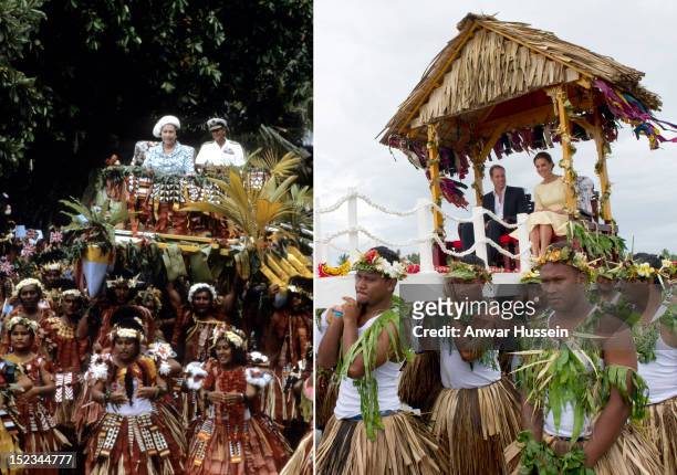 In this composite image a comparison has been made between Queen Elizabeth II and Prince Philip, Duke of Edinburgh Official Tour Of The South Pacific...