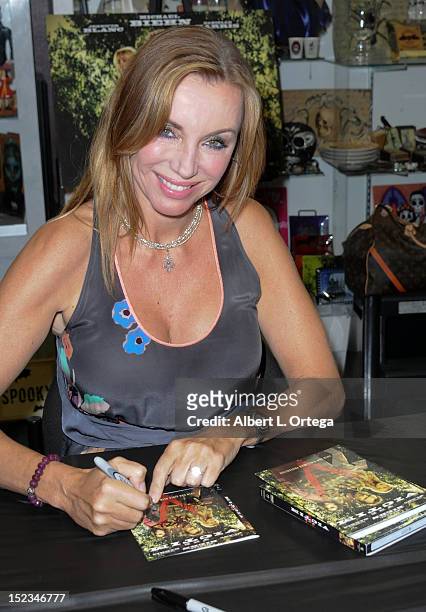 Actress Tanya Newbould participates in the DVD Signing for Anchor Bay's "The Victim" Michael Biehn directorial debut held at Dark Delicacies on...