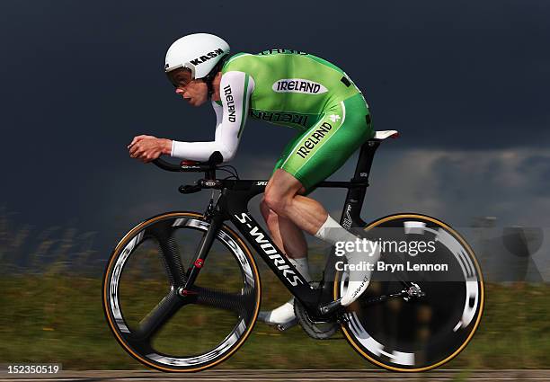 Michael Hutchinson of Ireland in action in the Elite Men's Time Trial on day four of the UCI Road World Championships on September 19, 2012 in...