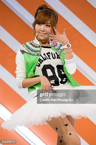 Raina of South Korean girl group Orange Caramel performs during the MBC Music 'Show Champion' on September 18, 2012 in Seoul, South Korea.