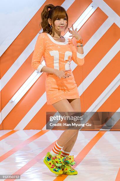 Raina of South Korean girl group Orange Caramel performs during the MBC Music 'Show Champion' on September 18, 2012 in Seoul, South Korea.