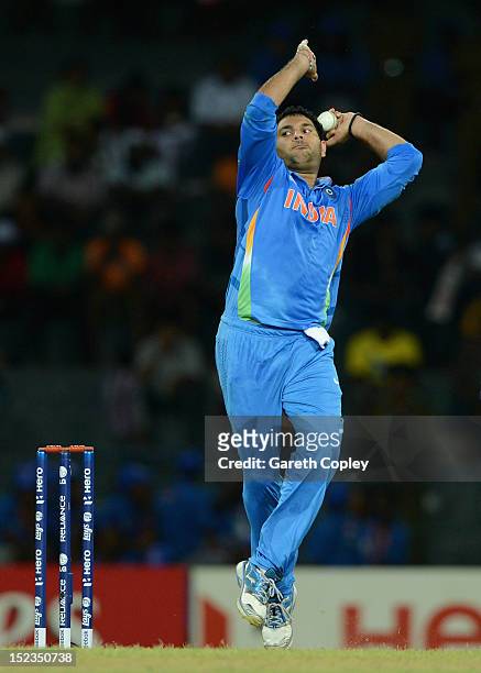 Yuvraj Singh of India bowls during the ICC World Twenty20 2012: Group A match between India and Afghanistan at R. Premadasa Stadium on September 19,...