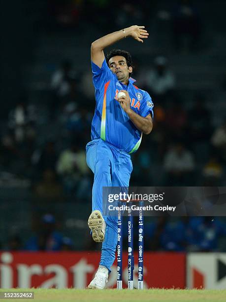 Zaheer Khan of India bowls during the ICC World Twenty20 2012: Group A match between India and Afghanistan at R. Premadasa Stadium on September 19,...
