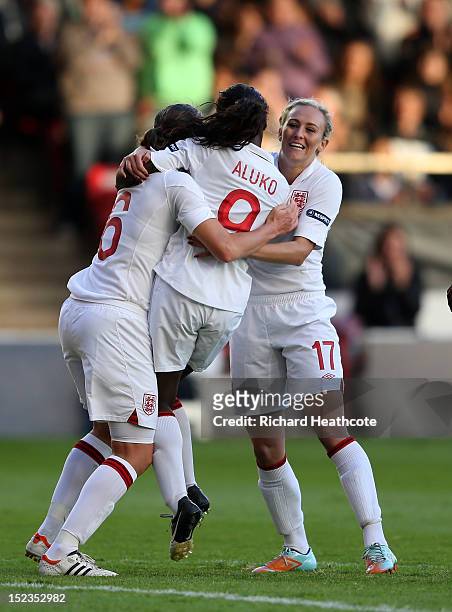 Casey Stoney of England celebrates scoring the third goal during the UEFA Women's EURO 2013 Group 6 Qualifier between England and Croatia at the...