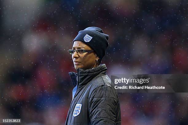 England manager Hope Powell looks on during the UEFA Women's EURO 2013 Group 6 Qualifier between England and Croatia at the Bank's Stadium on...