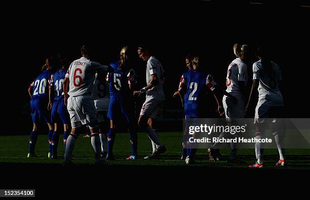 The players wait for a cross during the UEFA Women's EURO 2013 Group 6 Qualifier between England and Croatia at the Bank's Stadium on September 19,...