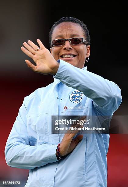 England manager Hope Powell looks on during the UEFA Women's EURO 2013 Group 6 Qualifier between England and Croatia at the Bank's Stadium on...