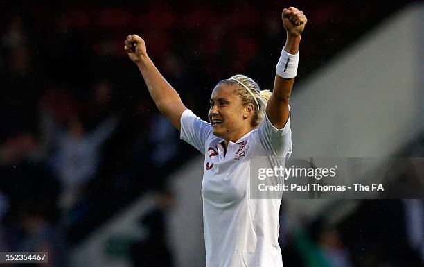 Stephanie Houghton of England celebrates at full time of the UEFA European Women's 2013 Championship Qualifier between England and Croatia at Banks's...