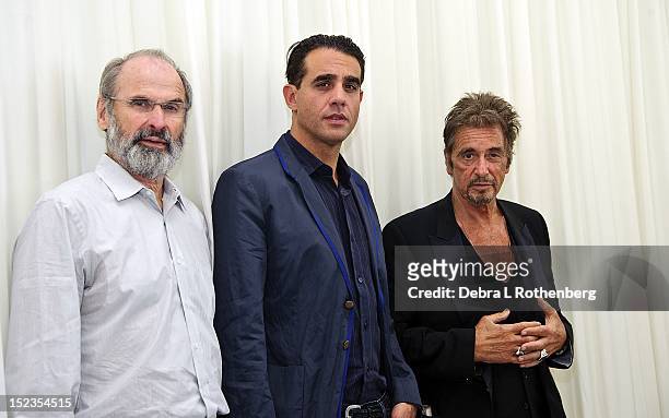 Director Daniel Sullivan, Actor Bobby Cannavale and Actor Al Pacino attend the "Glengarry Glen Ross" Broadway cast photo call at Ballet Hispanico on...