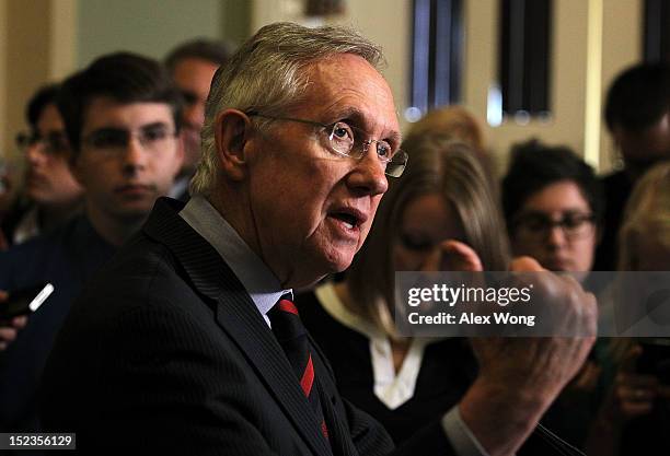 Senate Majority Leader Sen. Harry Reid speaks to members of the media at the U.S. Capitol September 19, 2012 in Washington, DC. Senate Democratic had...