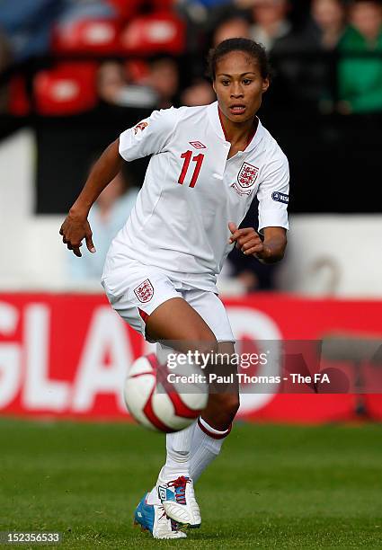 Rachel Yankey of England in action during the UEFA European Women's 2013 Championship Qualifier between England and Croatia at Banks's Stadium on...