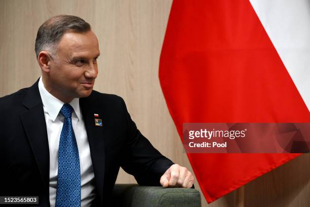 Poland's President Andrzej Duda meets Britain's Prime Minister Rishi Sunak for bilateral talks during the NATO Summit, on July 11, 2023 in Vilnius,...