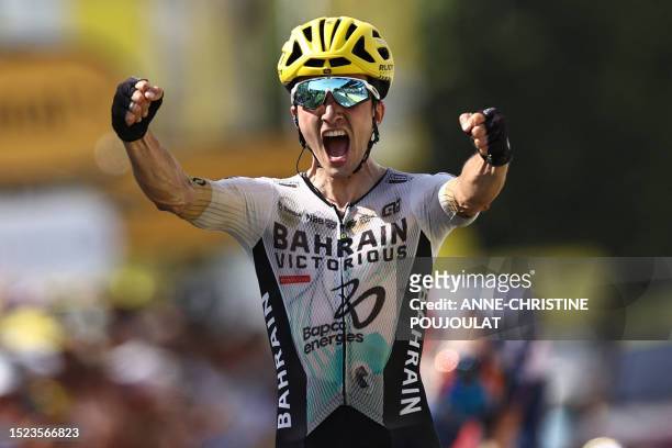 Bahrain - Victorious' Spanish rider Pello Bilbao cycles to the finish line to win the 10th stage of the 110th edition of the Tour de France cycling...