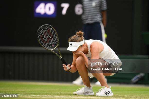 Ukraine's Elina Svitolina celebrates winning against Poland's Iga Swiatek during their women's singles quarter-finals tennis match on the ninth day...