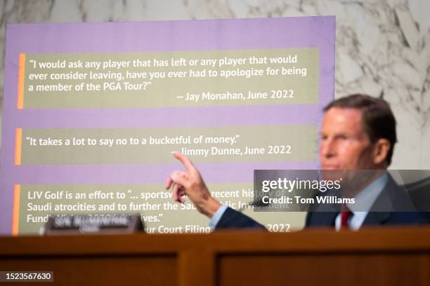 Chairman Sen. Richard Blumenthal, D-Conn., cites quotes by Jay Monahan, commissioner of the PGA Tour, and Jimmy Dunne, PGA board member, during the...