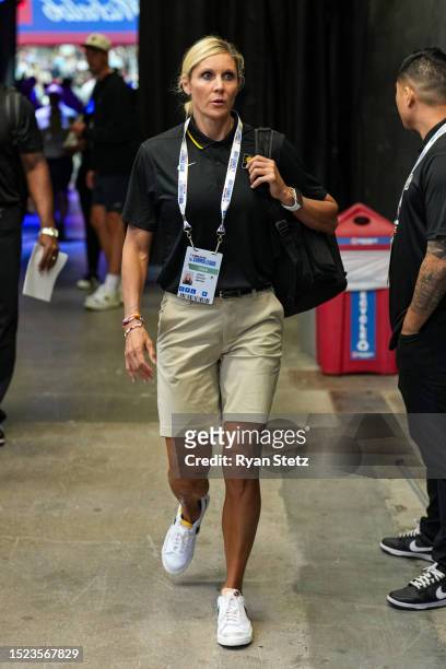 Assistant Coach Jenny Boucek of the Indiana Pacers looks on during 2023 NBA Las Vegas Summer League on July 8, 2023 at the Thomas & Mack Center in...