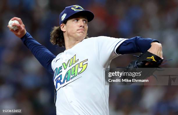 Tyler Glasnow of the Tampa Bay Rays pitches during a game against the Atlanta Braves at Tropicana Field on July 07, 2023 in St Petersburg, Florida.