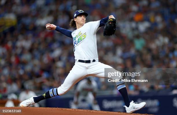 Tyler Glasnow of the Tampa Bay Rays pitches during a game against the Atlanta Braves at Tropicana Field on July 07, 2023 in St Petersburg, Florida.