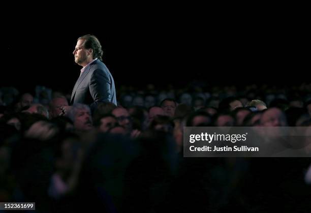 Salesforce CEO Marc Benioff delivers the keynote address during the Dreamforce 2012 conference at the Moscone Center on September 19, 2012 in San...