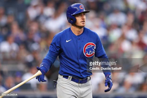 Cody Bellinger of the Chicago Cubs watches his home run during the third inning of the game at Yankee Stadium on July 7, 2023 in the Bronx borough of...