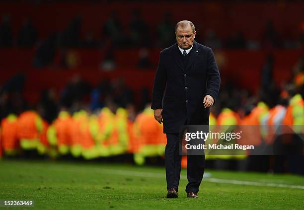 Fatih Terim manager of Galatasaray looks thoughtful after the UEFA Champions League Group H match between Manchester United and Galatasaray at Old...