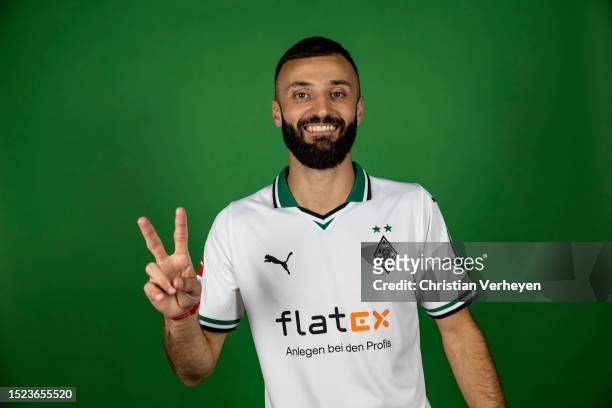 Franck Honorat poses after signing a contract for Borussia Moenchengladbach at Borussia-Park on July 11, 2023 in Moenchengladbach, Germany.