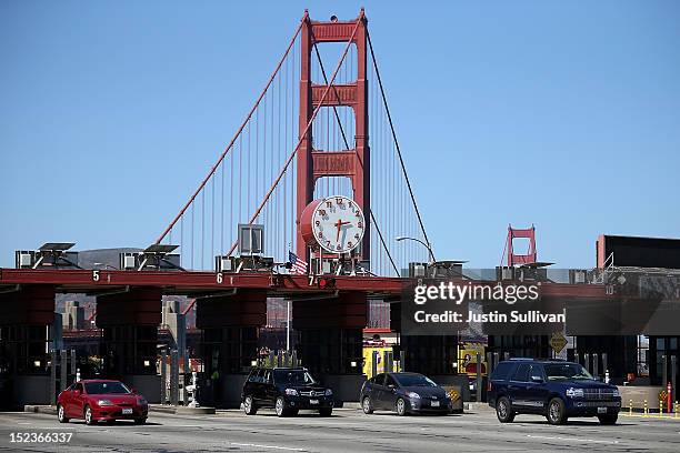 Cars pass through the Golden Gate Bridge toll plaza on September 19, 2012 in San Francisco, California. Golden Gate Bridge officials announced on...
