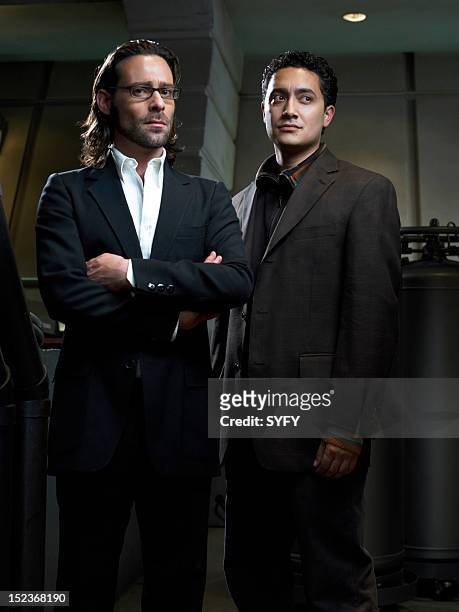Season 3 -- Pictured: James Callis as Dr. Gaius Baltar, Alessandro Juliani as as Lt. Felix Gaeta --