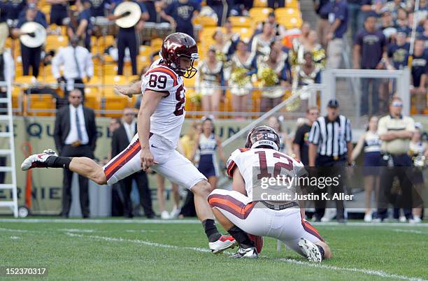 Cody Journell of the Virginia Tech Hokies kicks a field goal against the Pittsburgh Panthers during the game on September 15, 2012 at Heinz Field in...