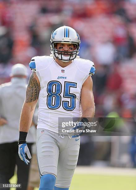 Tony Scheffler of the Detroit Lions warms up before their game against the San Francisco 49ers at Candlestick Park on September 16, 2012 in San...