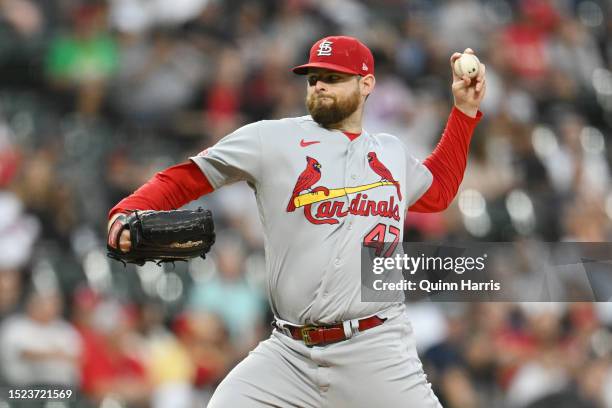 Starting pitcher Jordan Montgomery of the St. Louis Cardinals throws a pitch in the first inning against the Chicago White Sox at Guaranteed Rate...