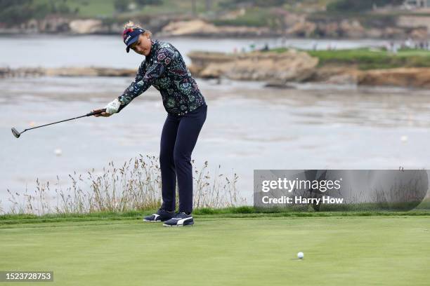 Lexi Thompson of the United States reacts to her missed putt on the fifth green during the second round of the 78th U.S. Women's Open at Pebble Beach...