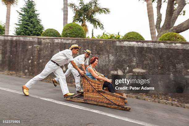 toboggans or wicker sledges, madeira, portugal - madeira material stock-fotos und bilder